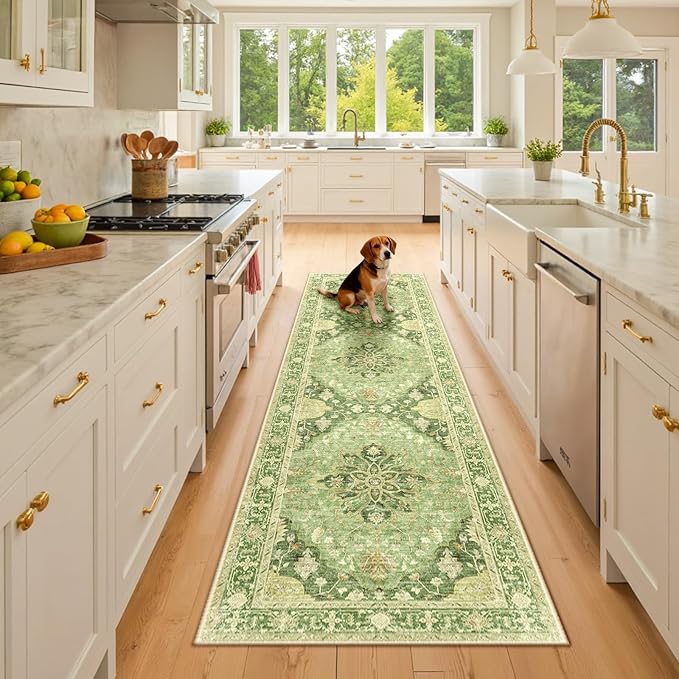 Area Rugs 2'x8' Runner Rug Non Slip Washable for Kitchen Hallway Bedroom Beside Laundry Room Bathroom Rug, Floor Carpet, Sage Green Yellow