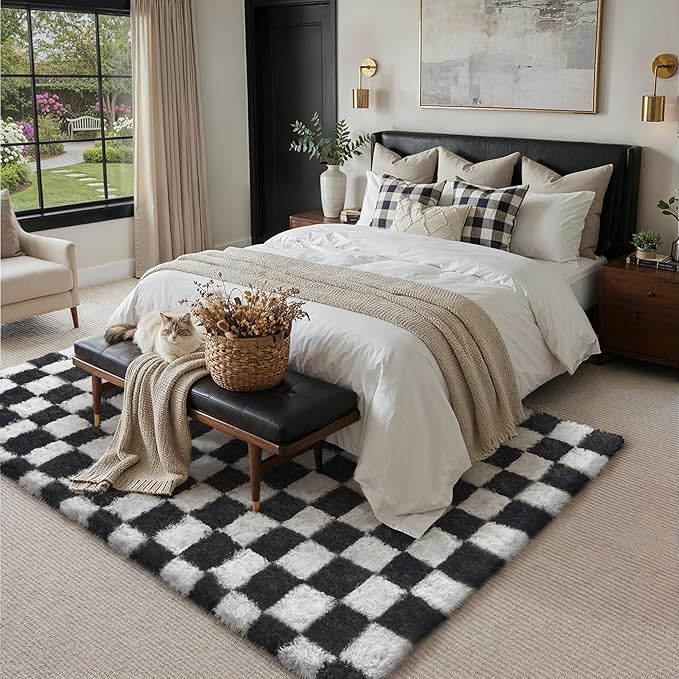 Checkered Rug 5x8 for Living Room, Black and White Modern Shag Rugs Super Soft Washable Indoor Office Fuzzy Carpet Non-Slip Fluffy Rugs for Bedroom Home Aesthetic Decor
