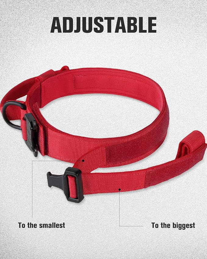 Joytale Tactical Dog Collar with Handle, Adjustable Heavy Duty Military Collar with 2 Patches for Training, Suitable for XLarge Dogs, Red, XL