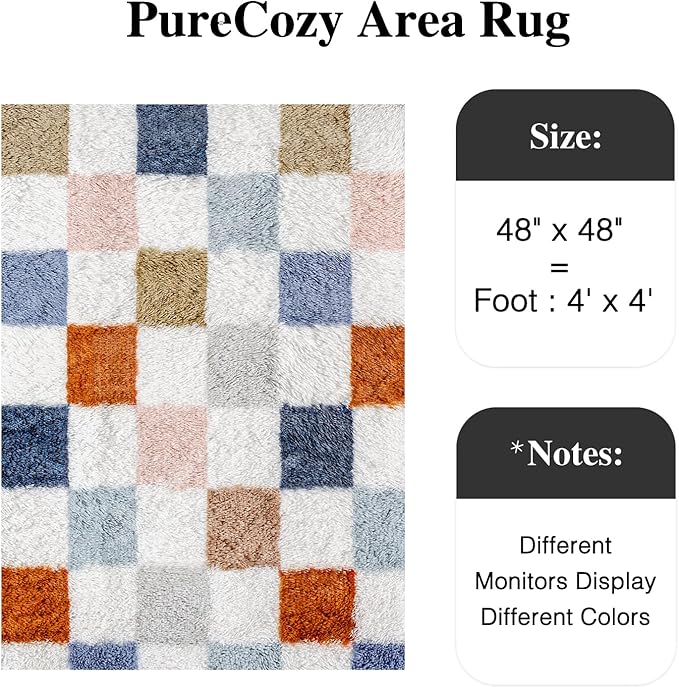 Checkered Rug 4x4 for Living Room, Modern Rainbow Shag Rug Super Soft Washable Indoor Fuzzy Carpet Non-Slip Fluffy Rugs for Bedroom Home Aesthetic Decor