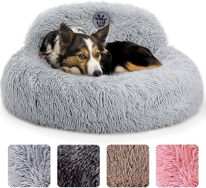 PetJett Calming Dog Bed Medium Size Dog - 30'' Donut Bed, Anti-Slip & Washable Super Soft Fluffy Plush Round Bed, Anti-Anxiety Premium Comfort Pet Bed, Fits Dogs up to 45 lbs - Bright Grey