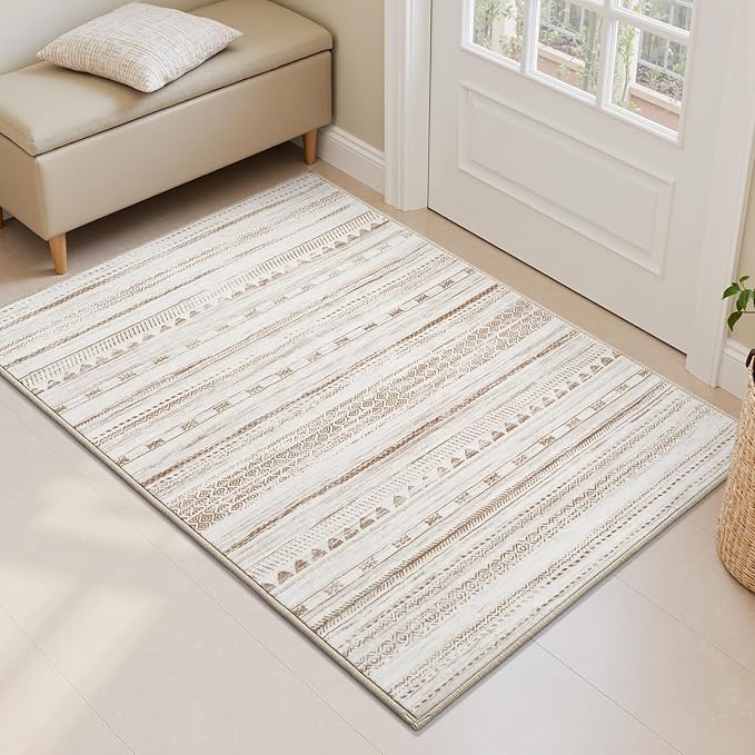 Small Area Rug-2x3 Entryway Rug Non Slip Washable Low Pile Indoor Door Mat Neutral Distressed Boho Moroccan Entrance Rugs Carpet for Bedroom Kitchen Powder Room Front Porch Bathroom, Brown
