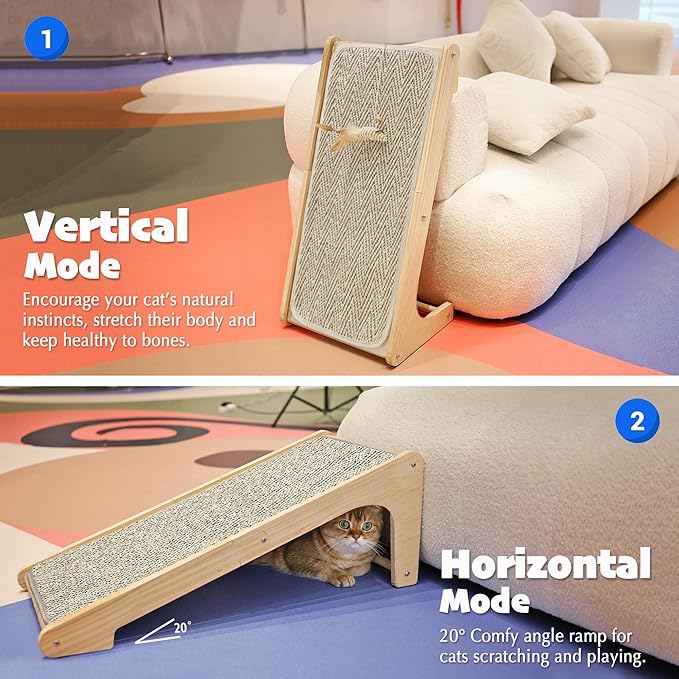 PETKARAY Cat Scratcher, Sisal Cat Scratching Ramp, L Shape Scratch Board for Indoor Kitty, 27" Wall Furniture Protector with Mouse Toy, Chevron