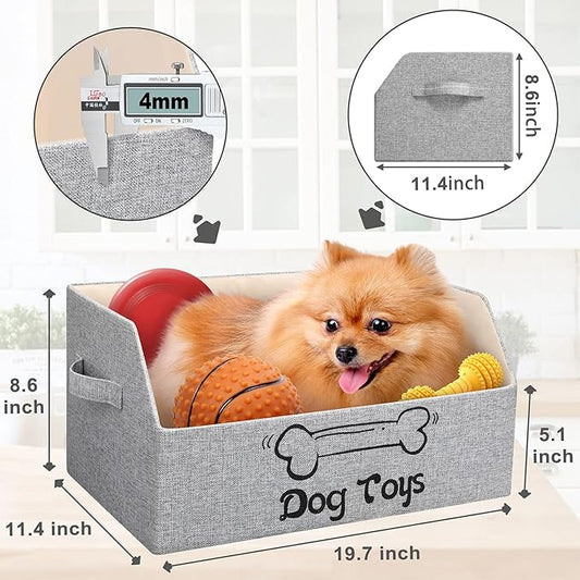 2X Thicker Large Dog Toy Collapsible Fabric Dog Toy Box and Storage Bin With Handle - Trapezoid Basket Chest Organizer for Pet Toys, Blankets and Accessories