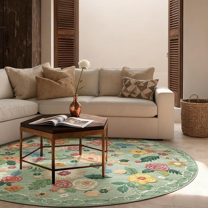 4x4 Round Bedroom Rug Washable: Round AreaRug Stain Resistant Green Floral Rug Non Slip Low Pile Small Carpet for Bedroom Kitchen Entryway Living Room Bedside Office Dorm Kids Room Entrance