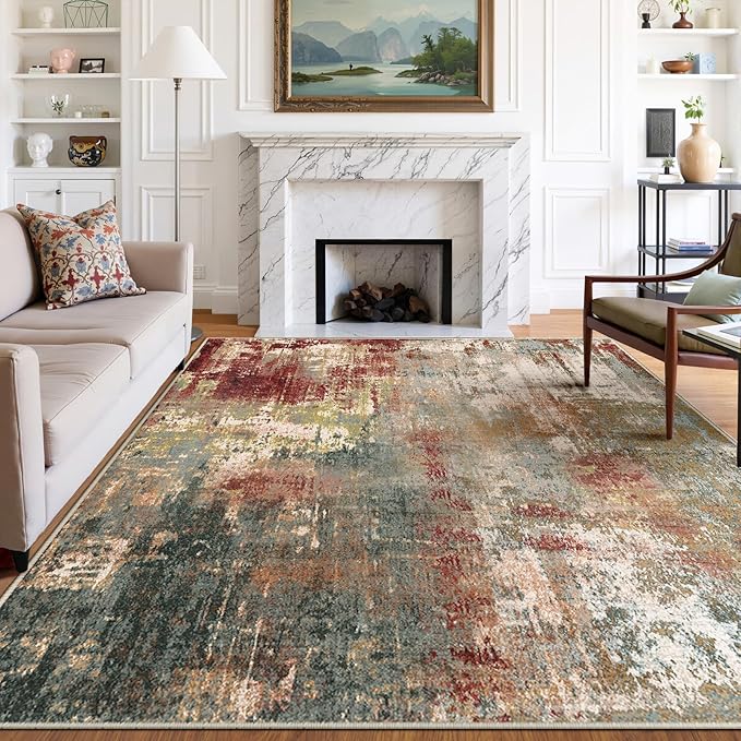 Washable Area Rugs 7'x9' Non-Slip Modern Abstract Soft for Living Room Entryway Bedroom Nursery, Print Pattern, Brown Rust Red Green Blue Multi