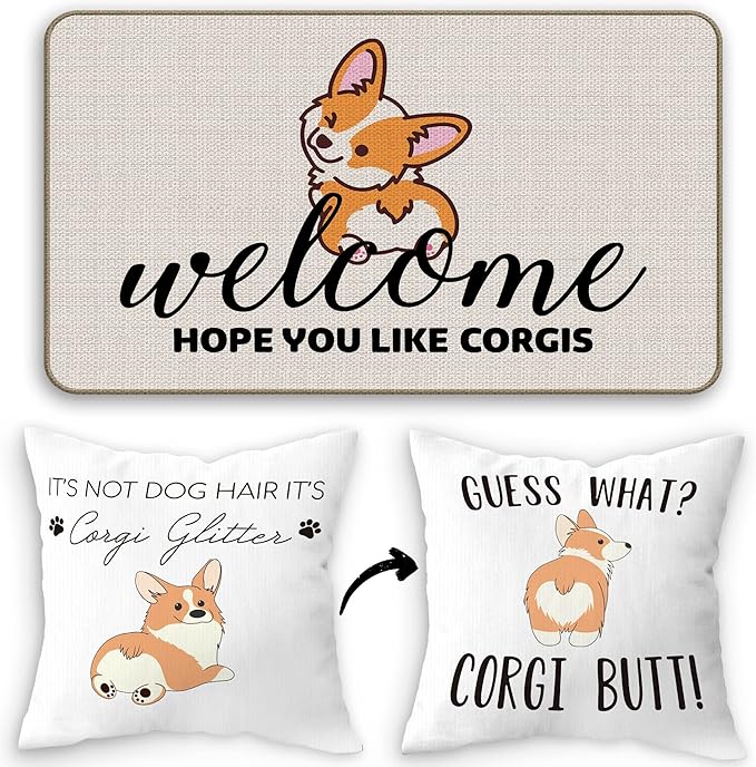 Hope You Like Corgis Welcome Door Mat Doormat 17”x30”,It's Not Dog Hair It's Corgi Glitter Reversible Throw Pillow Cover 18”x18”,Set of 1 Pillow Cover 1 Doormat Decor for Home Girls Kids Room
