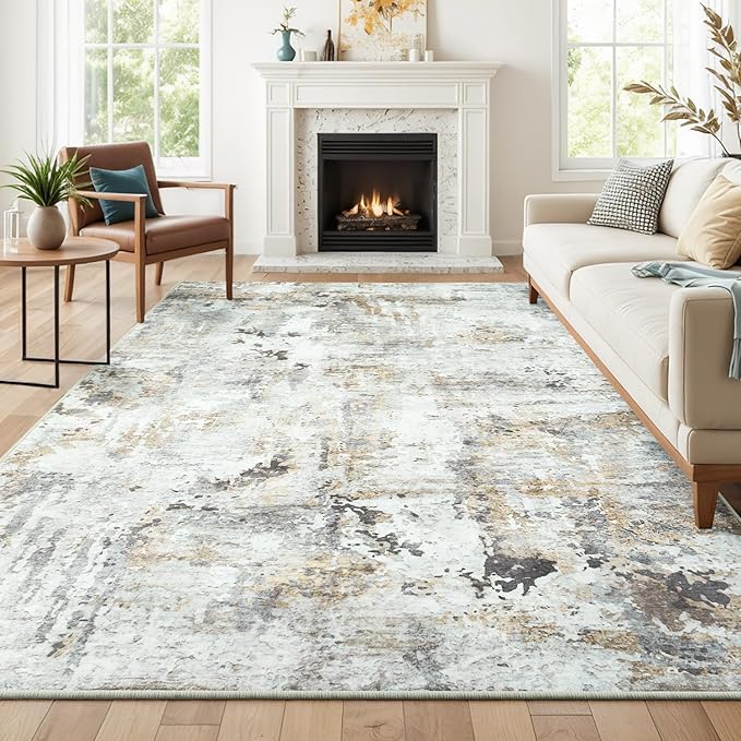Neutral Area Rug 6x9 Washable Rugs for Living Room Aesthetic, Large Abstract Non-Slip Low-Pile Printed Accent Carpet for Bedroom Office, Brown/Grey