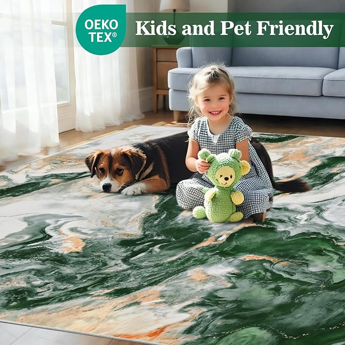 Yinhua Marble Rug 5x7, Abstract Area Rugs Non Slip, Green and Gold Modern Rugs Low Pile, Soft Faux Wool Washable Rug Stain Resistant, Contemporary Carpet for Bedroom Dining Room Office