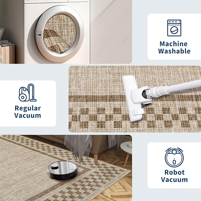 4ft Washable Round Rug for Entryway Modern Checkered Bedroom Circle Rug Non Slip Soft Dining Room Round Throw Carpet Small Stain Resistant Border Round Rugs for Living Room Kitchen Bathroom, Taupe