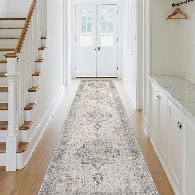 GENIMO Runner Rug 2'6''x10, Non Slip Vintage Hallway Runner Rugs, Low Pile Lightweight Machine Washable Mat for Hallway, Entryway, Bedroom, Kitchen and Corridor, Light Taupe Brown