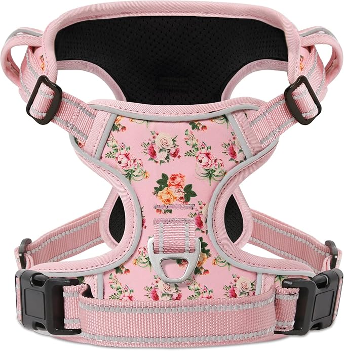 HEELE Dog Harness, No Pull Adjustable Padded Reflective Harness for Small Medium Large Dogs with Handle for Walking Training, Flower-Pink, M