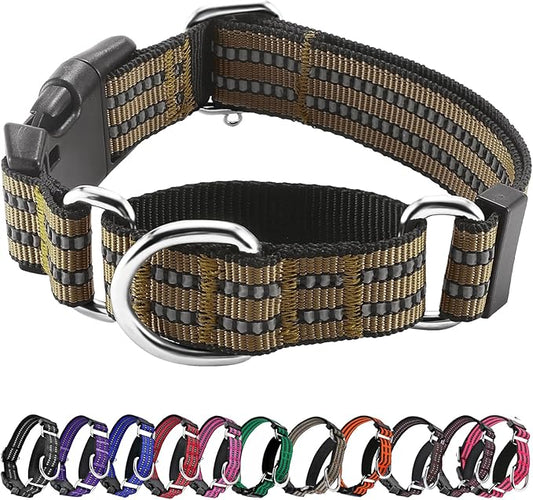 Hikiko Martingale Dog Collars Reflective Nylon Dog Collar with Quick Release Buckle Adjustable Training No Slip Dog Collar (Large, Brown)