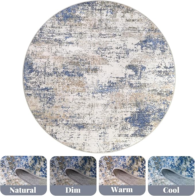 Area Rug Living Room Washable Rugs: 6x6 Modern Neutral Abstract Low Pile Non Slip Floor Carpet - Large Soft Thin Stain Resistant Rug for Bedroom Dining Indoor Office Home, Blue Brown