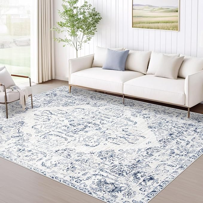 6x9 Area Rugs for Living Room: Washable Rug Vintage Large Rugs Soft Non Slip Low Pile Rug Floral Distressed Floor Carpet for Bedroom Kitchen Nursery Dining Room Home Office (Blue, 6'x9')