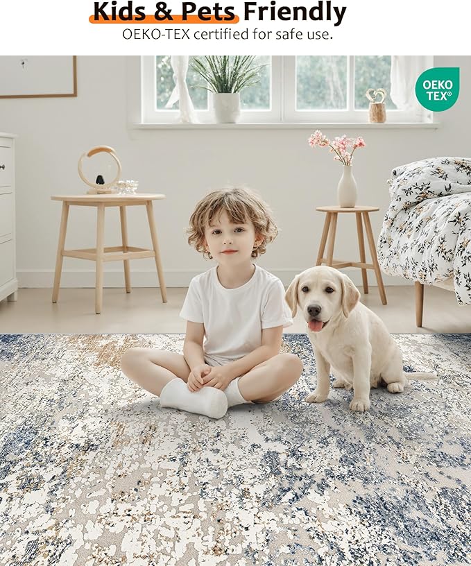Art&Tuft Washable Rug, Anti-Slip Backing Abstract 3x5 Rug, Stain Resistant Rugs for Living Room, Foldable Machine Washable Area Rug (TPR18-Blue, 3'x5')