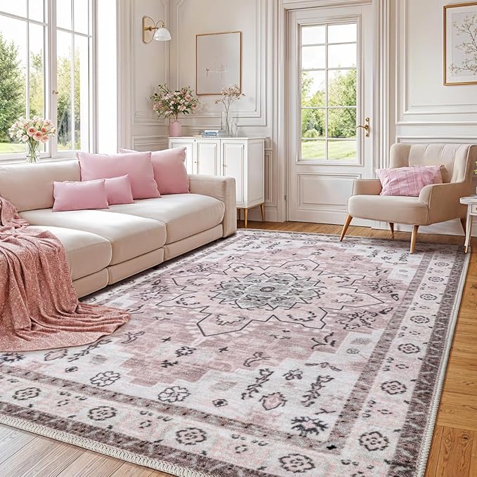LBRO2M Boho Area Rug 6X9 Washable Rugs for Bedroom Low Piles Indoor Carpet, Non Slip Soft Rug for Living Room, Dining Room, Pink Rug Foldable Pet Friendly Area Rugs Stain Resistant (6'X9' Light Pink)