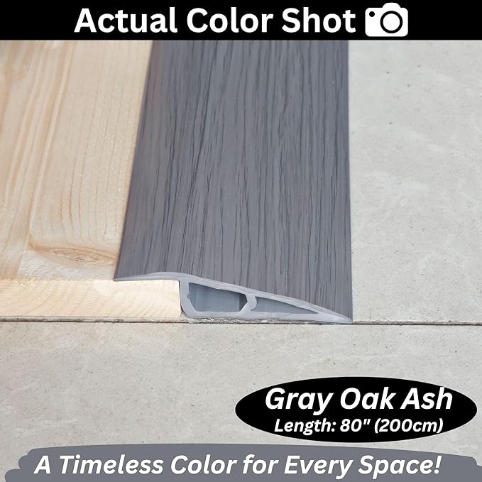 1/2" to 3/5" Height Threshold Ramp - Rubber Threshold, Floor Transition Strip, Door Strip, Wheelchair Ramp, Carpet to Tile Strip (Gray Oak Ash, 80 inches)