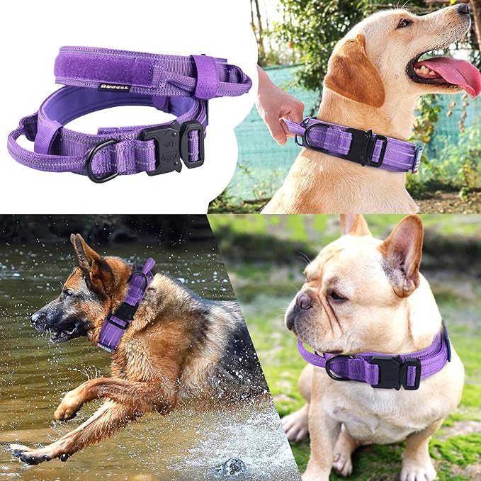 AUBELL Reflective Tactical Dog Collar,Adjustable Military Heavy Duty K9 Collars with Handle and Quick Release Metal Buckle Great for Large Dogs, with Airtag Case and 2 Patches (Purple,L)
