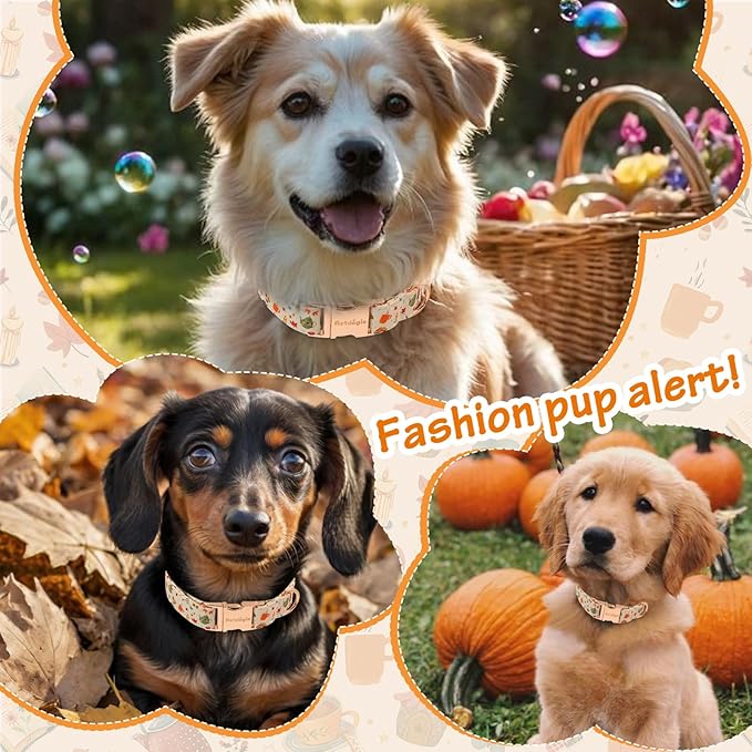 Autumn Dog Collar竊똕oft Cotton Handmade Pet Collar with Autumn Tea Party Design for Small Medium Large Dogs, Adjustable Collars for Fall Walks竊똖ea-Time Adventures & Fireside Snuggles -M