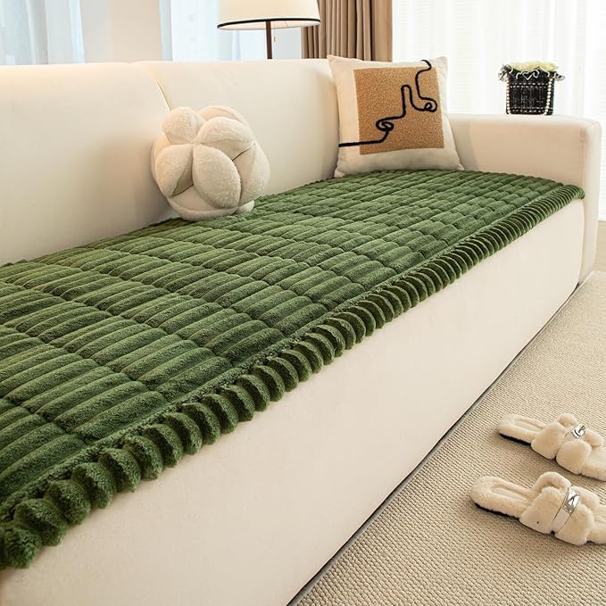 Christmas Faux Fur Plush Dog Couch Cover, 3D Stripe Fuzzy Sofa Covers, Non-Slip Fluffy Dog Bed Cover Pet Blanket, Washable Furniture Protector for Puppy Cat (Dark Green,28"x70")