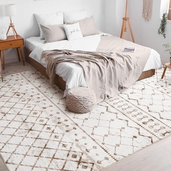 Lessymo Area Rugs 5x7, Washable Modern Area Rugs, Super Soft Faux-Wool Carpet for Living Room Bedroom Dining Room, Non-Slip Low Pile, Geometric Beige