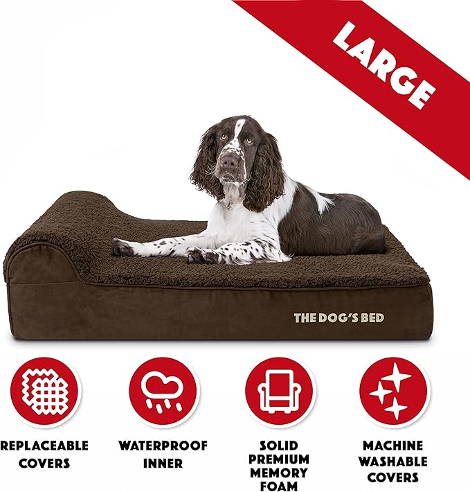 The Dog’s Bed Orthopedic Memory Foam Dog Bed with Headrest, Plush Fabric, Brown Plush, L, 6-Inch