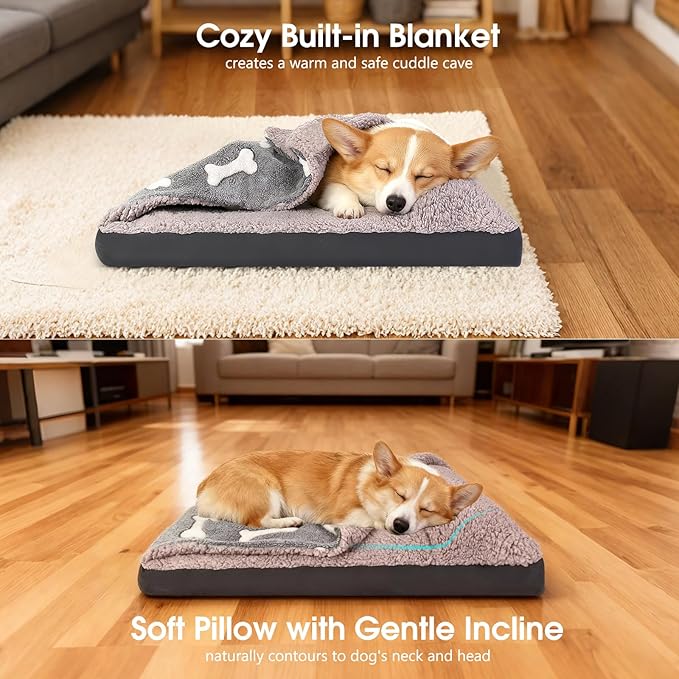 Small Dog Bed with Cover Pillow Blanket Attached, 30''X20'' Rectangle Hooded Cozy Cave Dog Bed & Removable Washable Cover, Cute Indoor Covered Crate Furniture Calming Burrow Sofa for Small Medium Pet