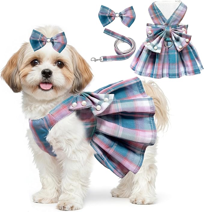 Dog Dress Bowknot Harness Leash Set for Small Dogs Girl Cute Plaid Dog Dress Pearls Bow Tie Spring Summer Princess Clothes Birthday Holiday Doggie Outfits for Puppy Cats Girl (Lake Blue, Medium)