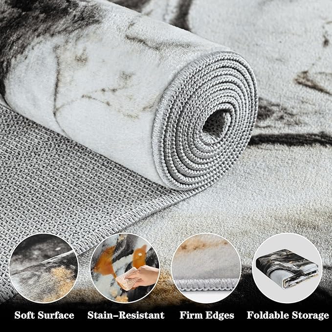 Yinhua Washable Rug 5x7, Marble Black and Gold Rugs Non Slip, Abstract Area Rugs Low Pile, Soft Faux Wool Modern Throw Rug Pet Friendly, Contemporary Floor Carpet for Living Room Bedroom Kitchen