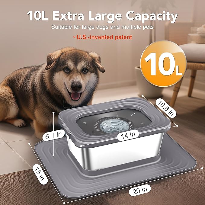 Decflow 10L Stainless Steel Dog Water Bowl, No Spill Anti-Splash Dog Bowls with XXL Silicone Mat, Spill-Proof Slow Feeder for Messy Drinkers, Heavy Duty Pet Bowls for Indoor/Outdoor Use Grey