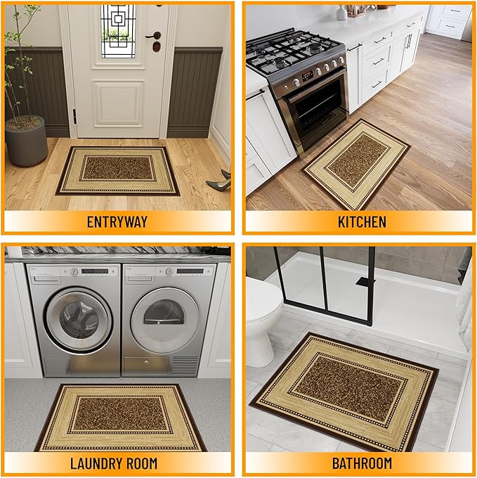 Ottomanson Rugs for Entryway 2'3" x 3' Non Slip Border Small Area Rugs Durable Front Door Mat Rug Stain Resistant Entrance Rugs for Bathroom Kitchen Bedroom & Living Room, Brown