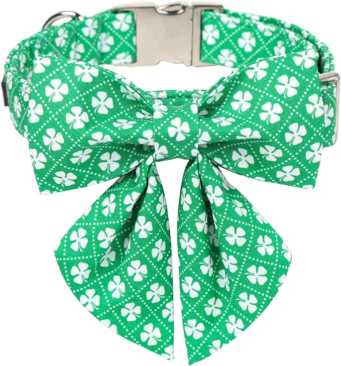Maca Bates St. Patrick's Day Shamrock Dog Collar,Sailor Bow,Small Girl Boy Dogs, Checkered Lucky Clover Pattern,Adjustable Durable Soft Checkered Collars Irish Gift for Male Female Puppy