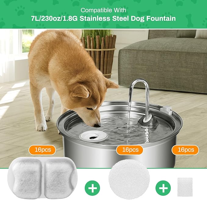 16-pack Dog Water Fountain Filter Replacement for 7L/230oz/1.8G Stainless Steel Dog Fountain Super Quiet with Triple Filtration for Large Cats Multi-Pet Home (16 Set Filters for 7L Pet Fountain)