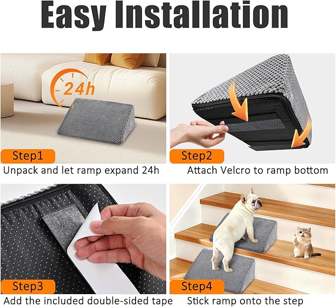Dog Ramp for Stairs for Small & Senior Dogs and Cats – Non-Slip Stair Wedges for Dogs with Gentle Slope, Pet Ramp with Washable Cover & Self-Sticky Pads for Safe Climbing (Gray, 6 Pack)