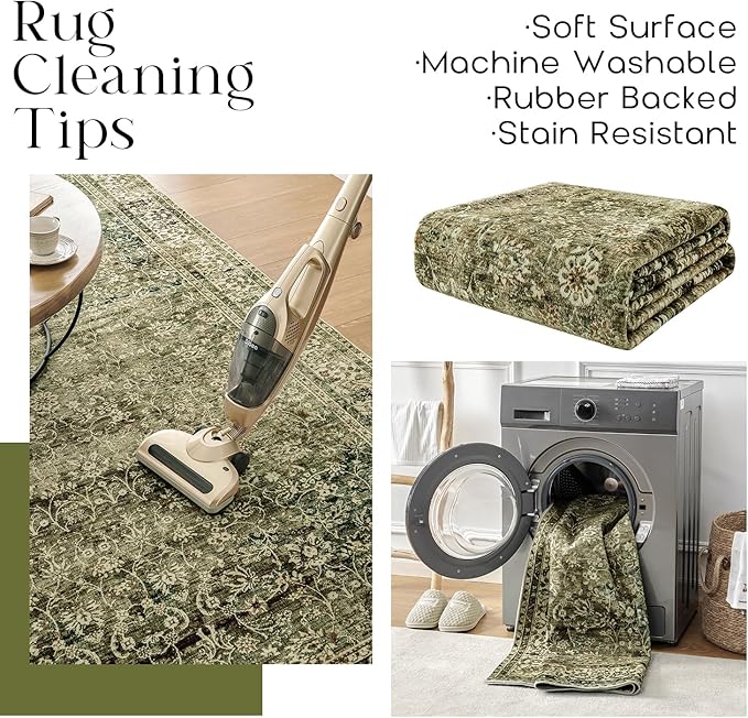 Olive and Tan Area Rugs Washable Rug for Living Room Bedroom Boho Farmhouse Floral Vintage Soft No Slip Extra Large Carpet for Dining Room 9x12