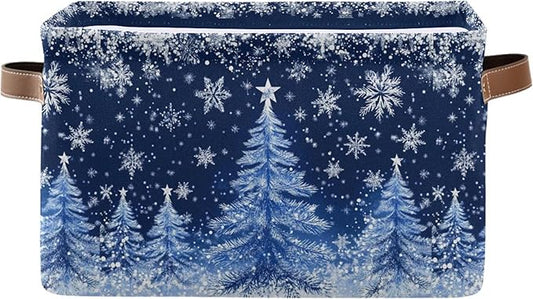 Blue Christmas Tree Storage Basket with Waterproof Liner and PU Handles Sliver Winter Snowflake Xmas Storage Boxes 14.2" Collapsible Decorative Organizer Baskets for Bedroom Closet Office 1 Pack