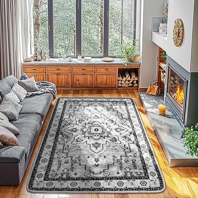 LBRO2M Boho Area Rug 6X9 Washable Rugs for Bedroom Low Piles Indoor Carpet, Non Slip Soft Rug for Living Room, Dining Room, Gray Rug Foldable Pet Friendly Area Rugs Stain Resistant (6'X9' Light Gray)