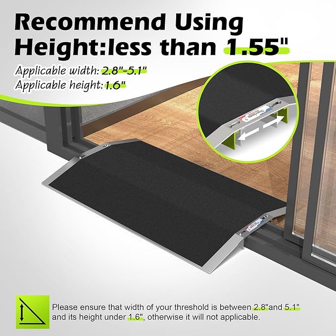 27.6"L×1.6"H Bridge Threshold Ramps for Doorways, Fits 2.8–5.1" Wide Thresholds with Adjustable Support Bars, Non-Slip Aluminum Wheelchair Ramps for Home Steps, Sliding Door Ramp for Wheelchair