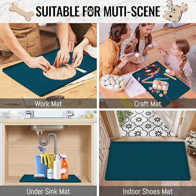 MateeyLife Dog & Cat Food Mat, Waterproof & Nonslip Silicone Feeding Mats for Dogs and Cats, Raised Edge Tray for Messy Drinkers, 24"x16", Navy