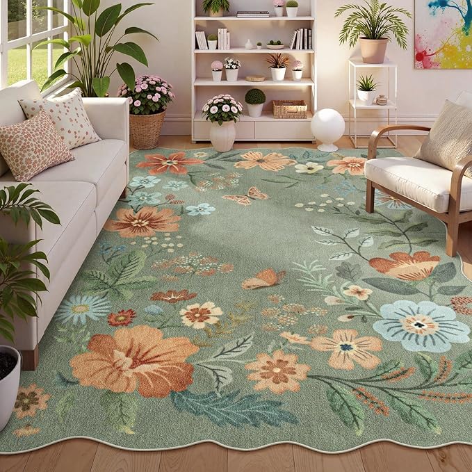 Lahome Floral Washable 6x9 Area Rugs, Soft Bedroom Rug for Living Room Ultra-Thin Non Slip Dining Room Rug, Stain Resistant Boho Green Rugs Easy Clean Throw Carpet for Office(6'x9',Green)