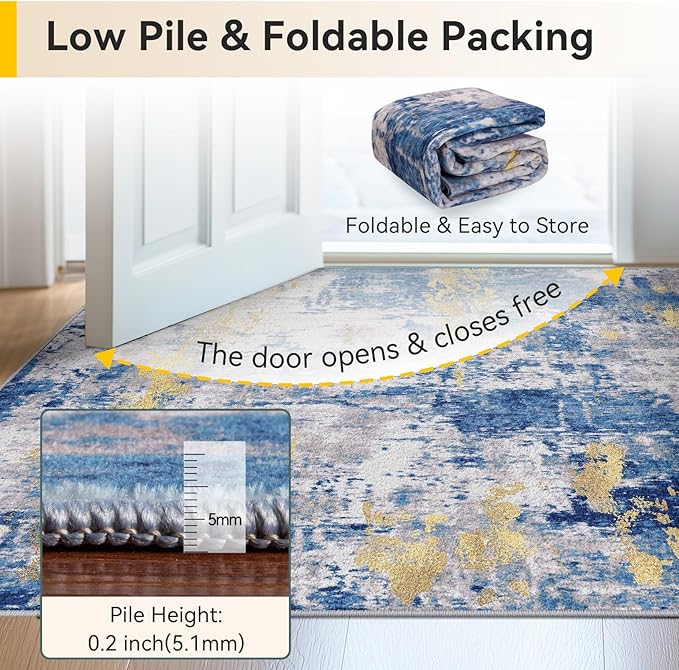 Washable Area Rugs 5'x8' Non-Slip Modern Abstract Soft for Living Room Entryway Bedroom Nursery, Print Pattern, Grey Blue Gold/Golden