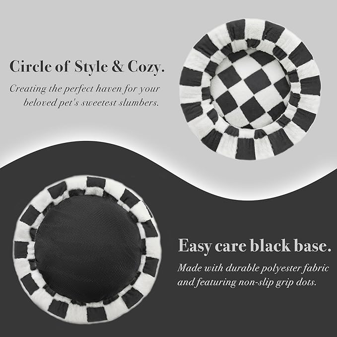 Checkered Dog Bed, Cute Black White Retro Style Aesthetic Round Warming Pet Calming Beds for Small Dog and Cats, Plush Cozy Donut Dog Beds Washable, 30" L x 30" W x 8" Th