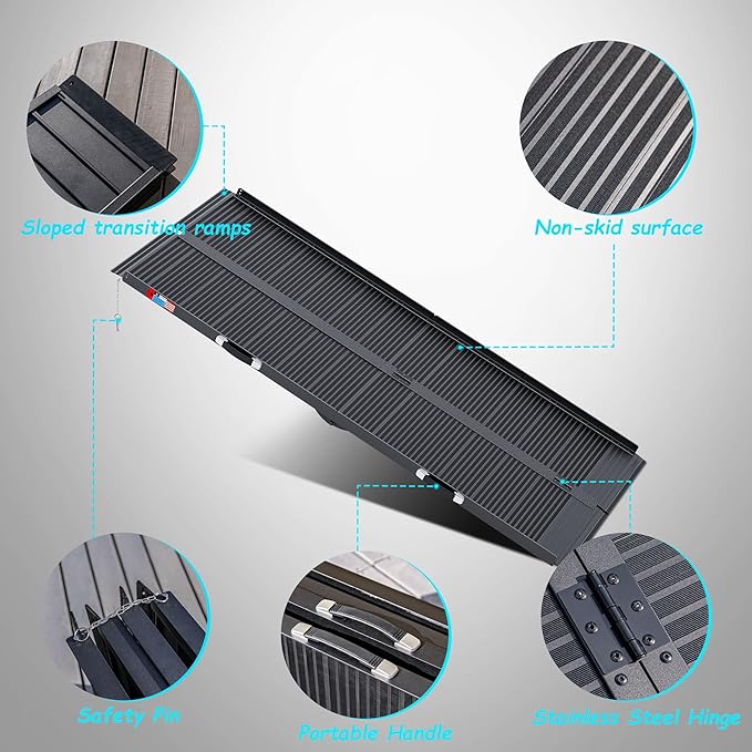 Black Portable Wheelchair Ramp, 7FT No-sew Non-Slip Aluminum Wheelchair Ramp, Folding Portable Wheelchair Ramps for Home, Weight Capacity Up to 800 LBS, Loading Dock Plates