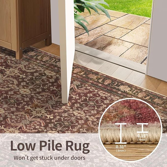 Oriental 5x7 Area Rugs for Living Room Bedroom, Vintage Washable Christmas Rug, Red Boho Area Rug, Non Slip & Low Pile Faux Wool Carpet for Indoor Dining Room and Kids Room(Red 5x7ft)