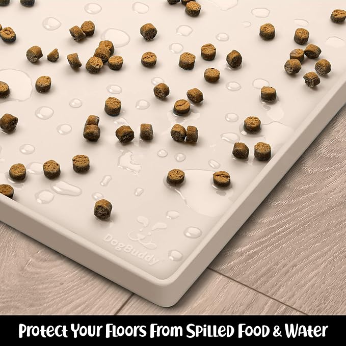 DogBuddy Waterproof Dog Food Mat with Raised Edge, Silicone - Nonslip Pet Feeding Mat for Floors (M: 21' x 14', Vanilla)