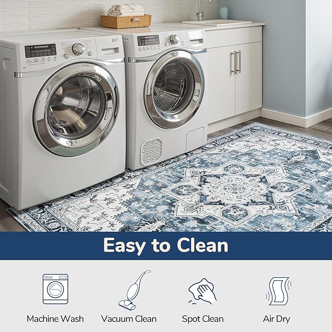 Lessymo Washable 2x6 Hallway Runner Rug for Entryway Bedroom, Soft Kitchen Area Rugs Non Slip for Bathroom Living Room Laundry Room, Long Vintage Boho Floor Carpet Stain Resistant Low Pile, Blue White