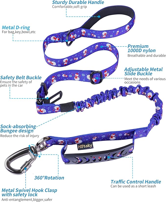 Hotsky Tactical Dog Leash Heavy Duty for Medium Large Dogs That Pull,4-6Ft Strong Bungee Shock Absorbing No Pull Dog Leash with Padded Double Handle and Car Seatbelt,Snow man