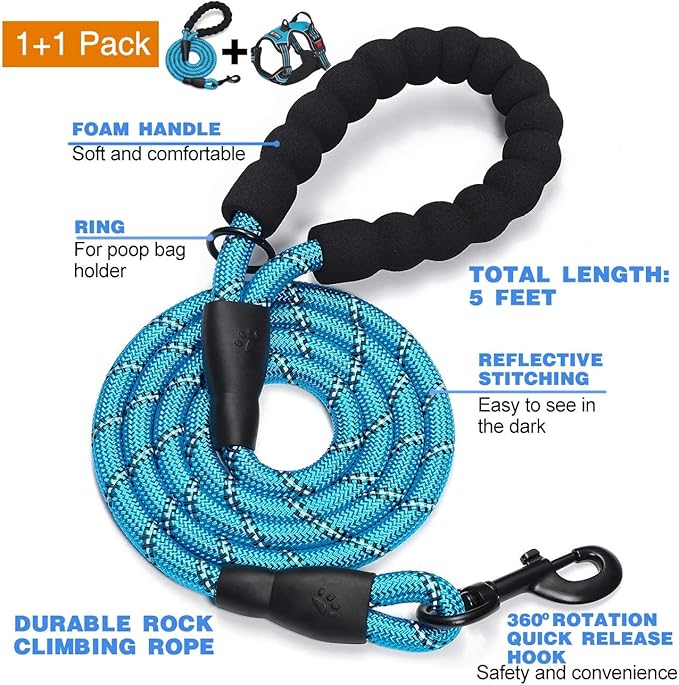 No Pull Dog Harness Adjustable Reflective Oxford Easy Control Medium Large Dog Harness with A Free Heavy Duty 5ft Dog Leash (S (Neck: 13"-18", Chest: 17.5"-22"), Blue Harness+Leash)
