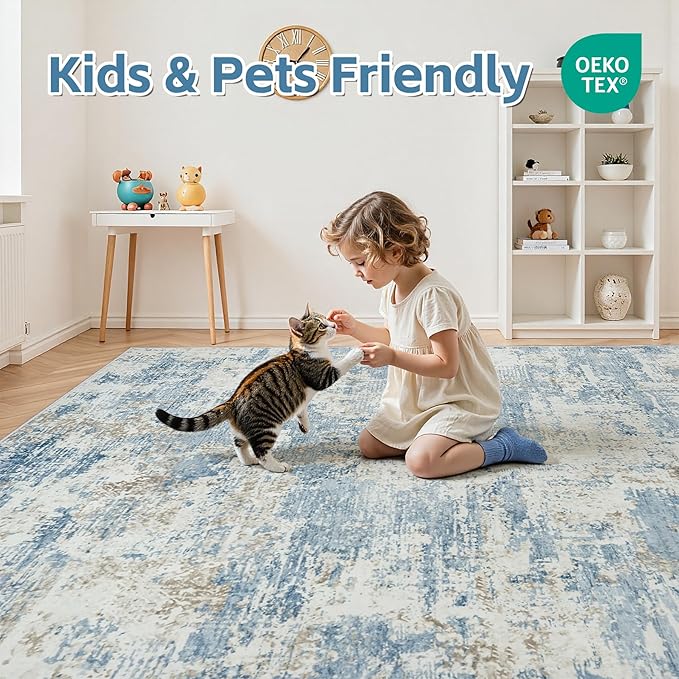 5x7 Area Rugs Living Room Rug Modern Abstract Neutral Washable Rugs Non Slip Soft Carpet Large Area Rug Low Pile Stain Resistant Non Shedding for Bedroom Nursery Dining Room Home Office Blue